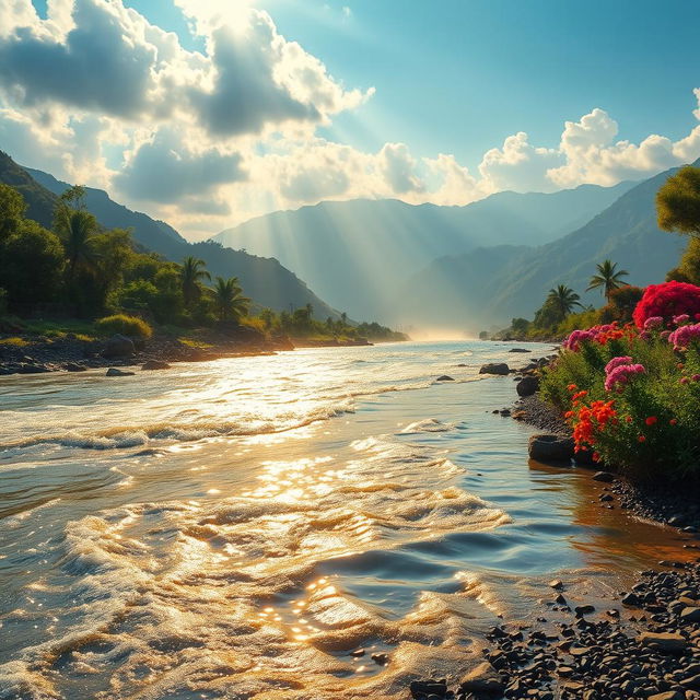 A breathtaking scene depicting the River Ganga flowing down from heaven to earth, surrounded by lush greenery and vibrant flowers