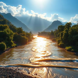 A breathtaking scene depicting the River Ganga flowing down from heaven to earth, surrounded by lush greenery and vibrant flowers
