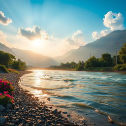 A breathtaking scene depicting the River Ganga flowing down from heaven to earth, surrounded by lush greenery and vibrant flowers