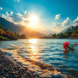 A breathtaking scene depicting the River Ganga flowing down from heaven to earth, surrounded by lush greenery and vibrant flowers