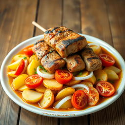 A beautifully arranged dish of cooked kebab with slices of potatoes, tomatoes, and onions in a rich sauce