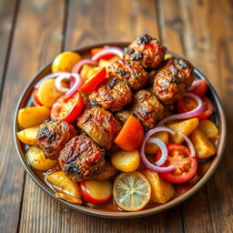 A beautifully arranged dish of cooked kebab with slices of potatoes, tomatoes, and onions in a rich sauce