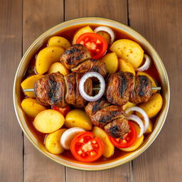 A beautifully arranged dish of cooked kebab with slices of potatoes, tomatoes, and onions in a rich sauce