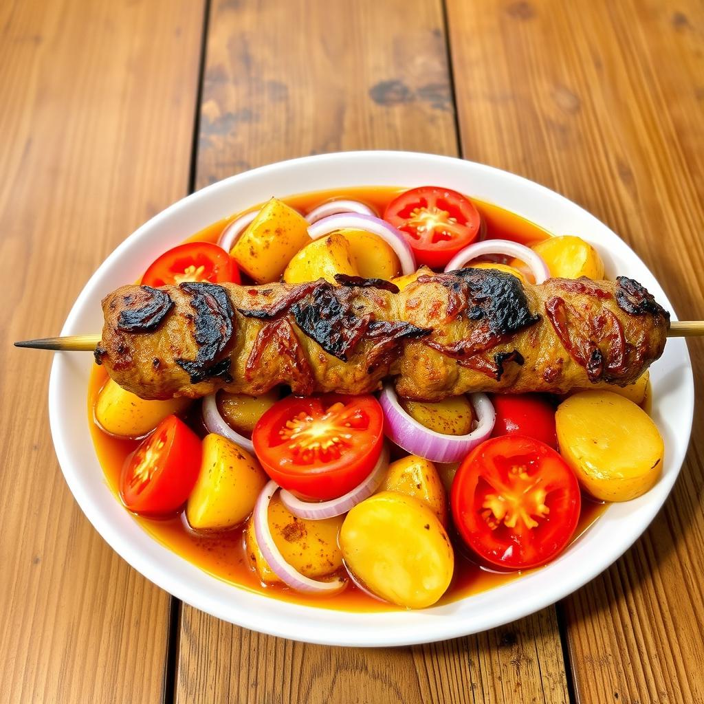 A beautifully arranged dish of cooked kebab with slices of potatoes, tomatoes, and onions in a rich sauce