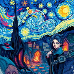 A stunning wallpaper design inspired by the Arcane universe, illustrated in the distinctive style of Vincent van Gogh
