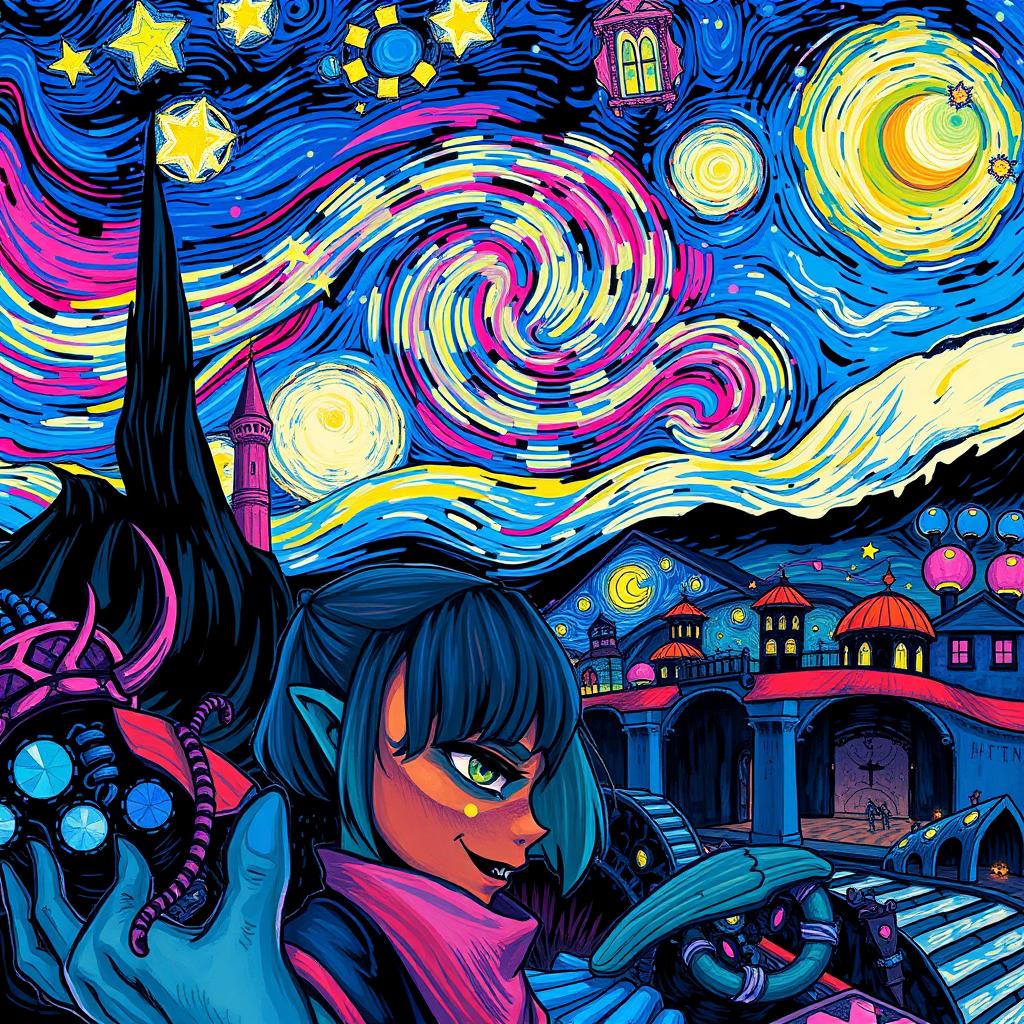 A stunning wallpaper design inspired by the Arcane universe, illustrated in the distinctive style of Vincent van Gogh