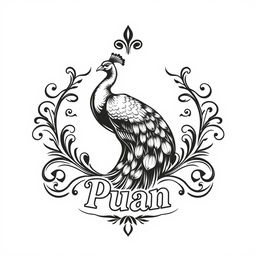 A logo design for a vintage brand featuring a majestic peacock named 'Puan'