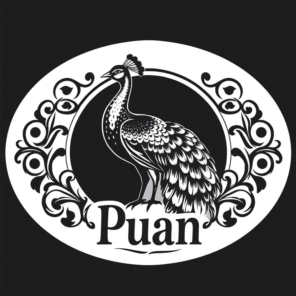 A logo design for a vintage brand featuring a majestic peacock named 'Puan'