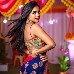 An attractive Indian woman with a confident expression, showcasing her figure in a stylish traditional outfit