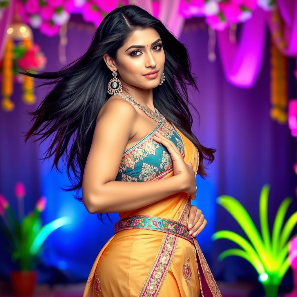 An attractive Indian woman with a confident expression, showcasing her figure in a stylish traditional outfit
