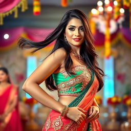 An attractive Indian woman with a confident expression, showcasing her figure in a stylish traditional outfit