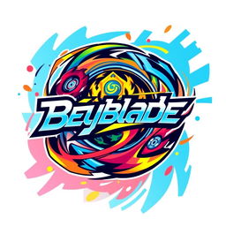 A vibrant and dynamic Beyblade logo design featuring spinning tops in a colorful, high-energy style