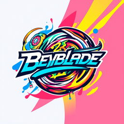 A vibrant and dynamic Beyblade logo design featuring spinning tops in a colorful, high-energy style