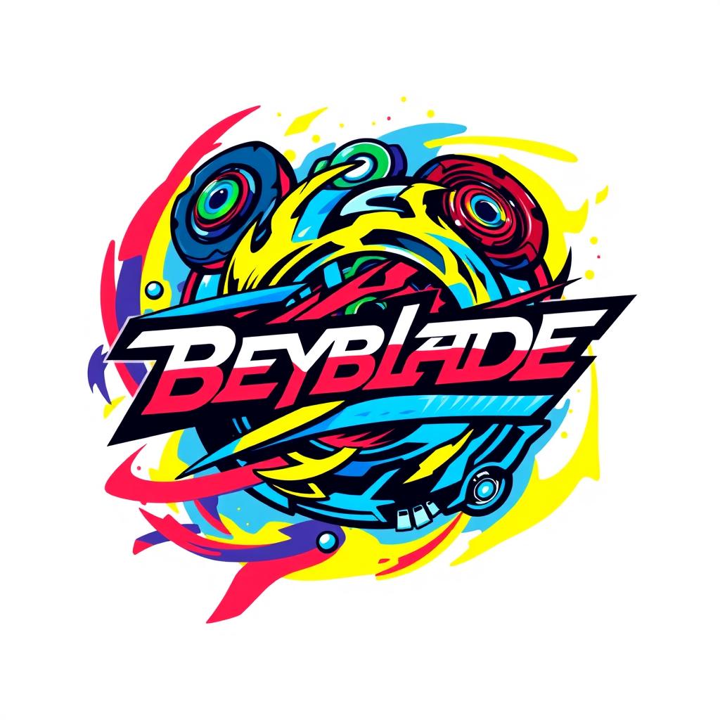 A vibrant and dynamic Beyblade logo design featuring spinning tops in a colorful, high-energy style