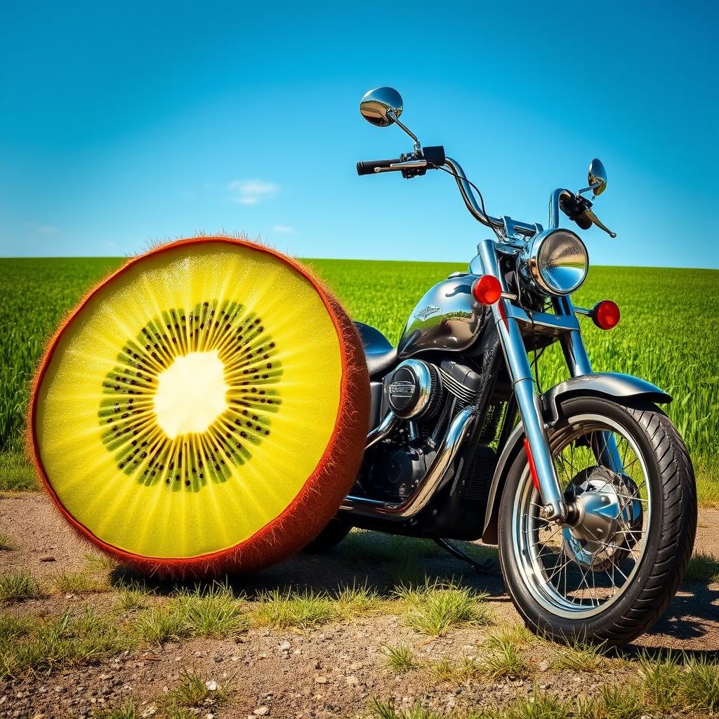 A vivid scene showcasing a motorcycle parked beside a large kiwi fruit