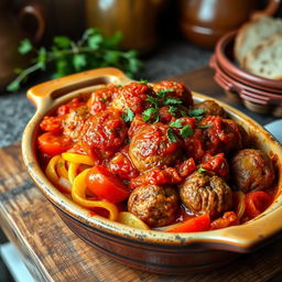 A delicious and appetizing dish of Egyptian kofta casserole, featuring perfectly cooked kofta meatballs layered with thinly sliced golden potatoes, vibrant red tomatoes, and sweet onions