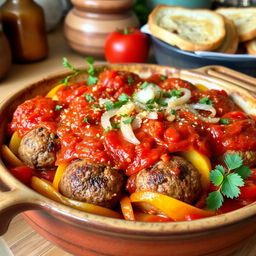 A delicious and appetizing dish of Egyptian kofta casserole, featuring perfectly cooked kofta meatballs layered with thinly sliced golden potatoes, vibrant red tomatoes, and sweet onions
