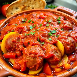 A delicious and appetizing dish of Egyptian kofta casserole, featuring perfectly cooked kofta meatballs layered with thinly sliced golden potatoes, vibrant red tomatoes, and sweet onions