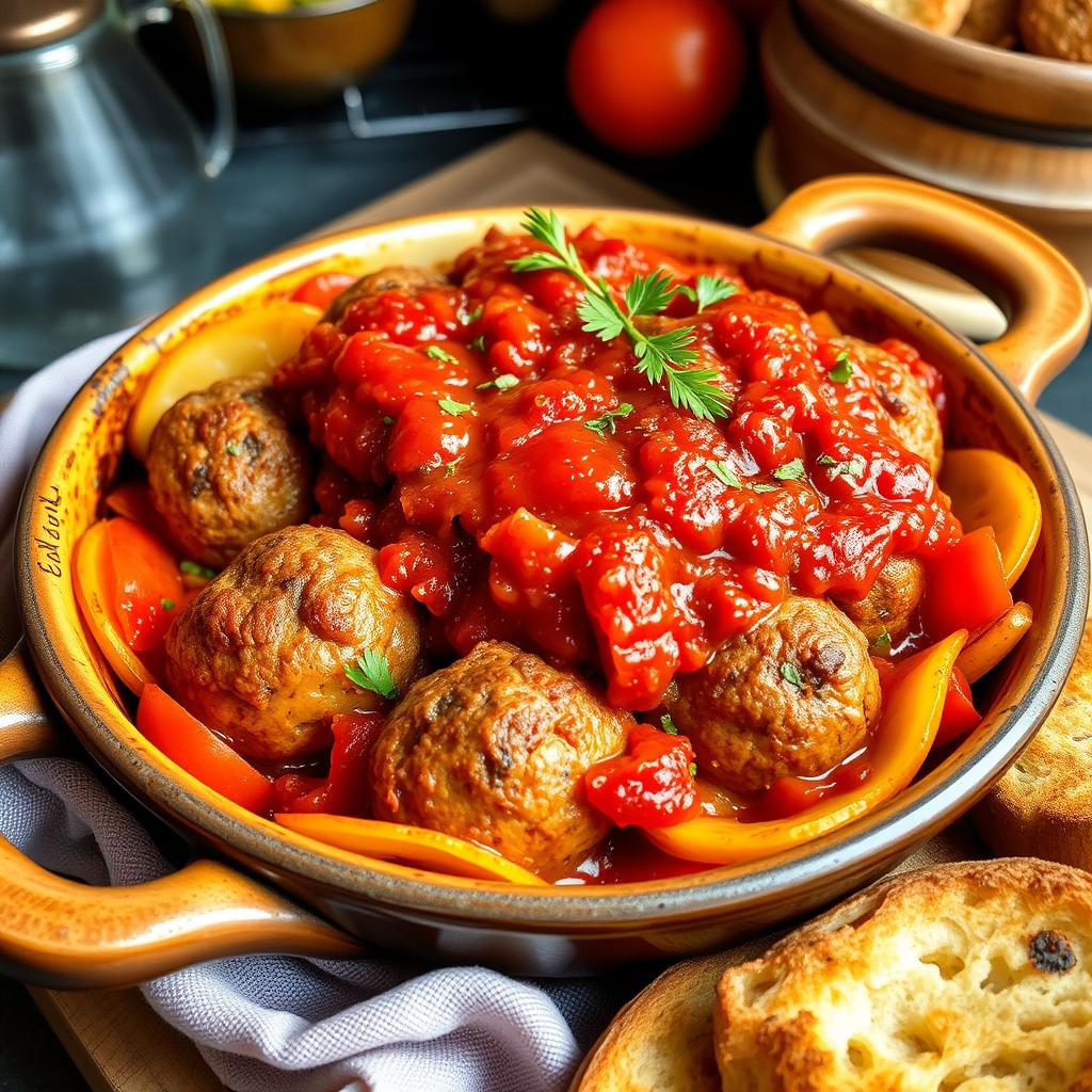 A delicious and appetizing dish of Egyptian kofta casserole, featuring perfectly cooked kofta meatballs layered with thinly sliced golden potatoes, vibrant red tomatoes, and sweet onions