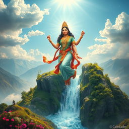 A stunning depiction of Goddess Ganga Mata gracefully descending from heaven to earth, surrounded by ethereal clouds and radiant light