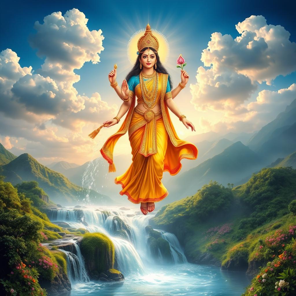 A stunning depiction of Goddess Ganga Mata gracefully descending from heaven to earth, surrounded by ethereal clouds and radiant light