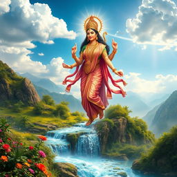 A stunning depiction of Goddess Ganga Mata gracefully descending from heaven to earth, surrounded by ethereal clouds and radiant light