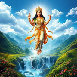 A stunning depiction of Goddess Ganga Mata gracefully descending from heaven to earth, surrounded by ethereal clouds and radiant light