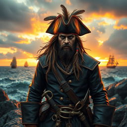 A fierce pirate warrior standing proudly on a rocky shoreline, wearing an embellished tricorn hat adorned with feathers
