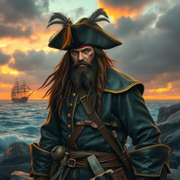 A fierce pirate warrior standing proudly on a rocky shoreline, wearing an embellished tricorn hat adorned with feathers