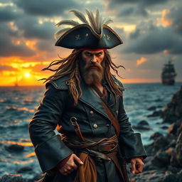 A fierce pirate warrior standing proudly on a rocky shoreline, wearing an embellished tricorn hat adorned with feathers