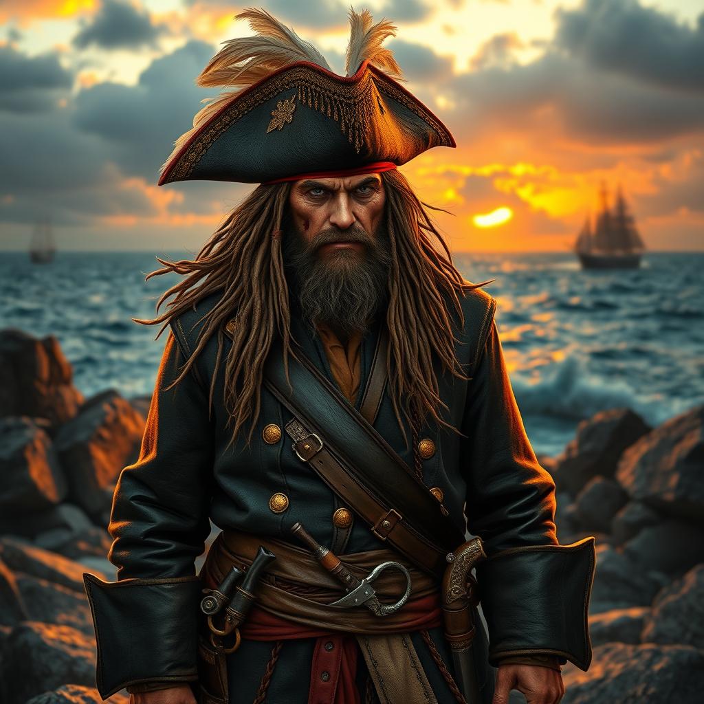 A fierce pirate warrior standing proudly on a rocky shoreline, wearing an embellished tricorn hat adorned with feathers