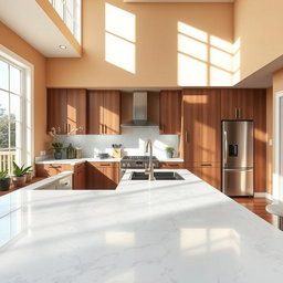 A beautifully redesigned kitchen featuring a stunning marble countertop on the bar area