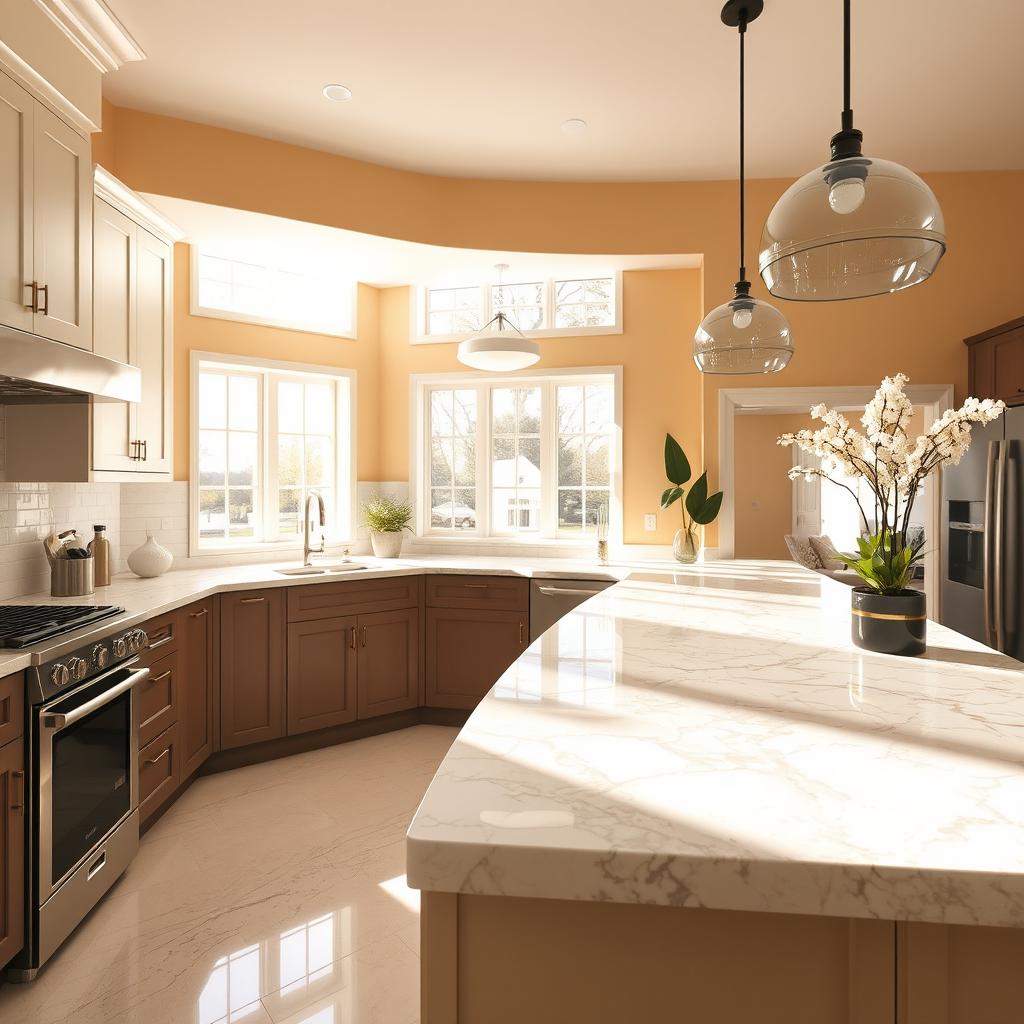 A beautifully redesigned kitchen featuring a stunning marble countertop on the bar area