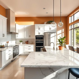 A beautifully redesigned kitchen featuring a stunning marble countertop on the bar area