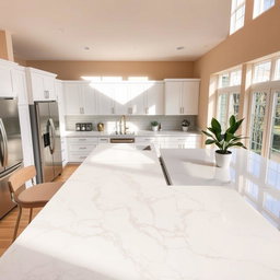 A beautifully redesigned kitchen featuring a stunning marble countertop on the bar area