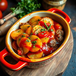 A beautifully arranged Egyptian dish featuring a tangy kofta casserole topped with golden-brown slices of potato, fresh tomato, and caramelized onion, all generously drizzled with a rich tomato sauce