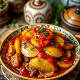 A beautifully arranged Egyptian dish featuring a tangy kofta casserole topped with golden-brown slices of potato, fresh tomato, and caramelized onion, all generously drizzled with a rich tomato sauce