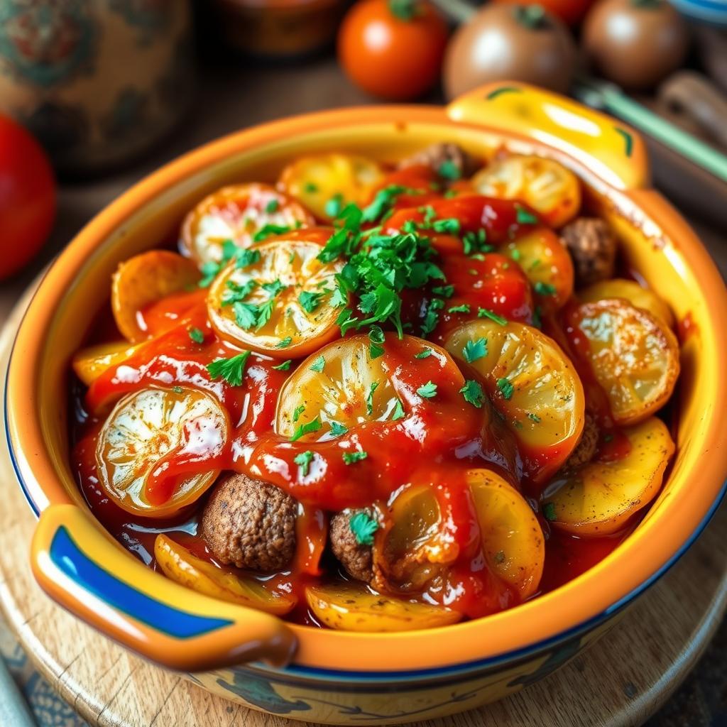A beautifully arranged Egyptian dish featuring a tangy kofta casserole topped with golden-brown slices of potato, fresh tomato, and caramelized onion, all generously drizzled with a rich tomato sauce