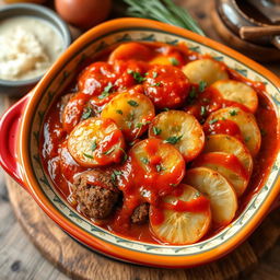 A beautifully arranged Egyptian dish featuring a tangy kofta casserole topped with golden-brown slices of potato, fresh tomato, and caramelized onion, all generously drizzled with a rich tomato sauce