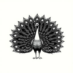 A vintage-style outline illustration of a peacock with its magnificent tail feathers fully spread
