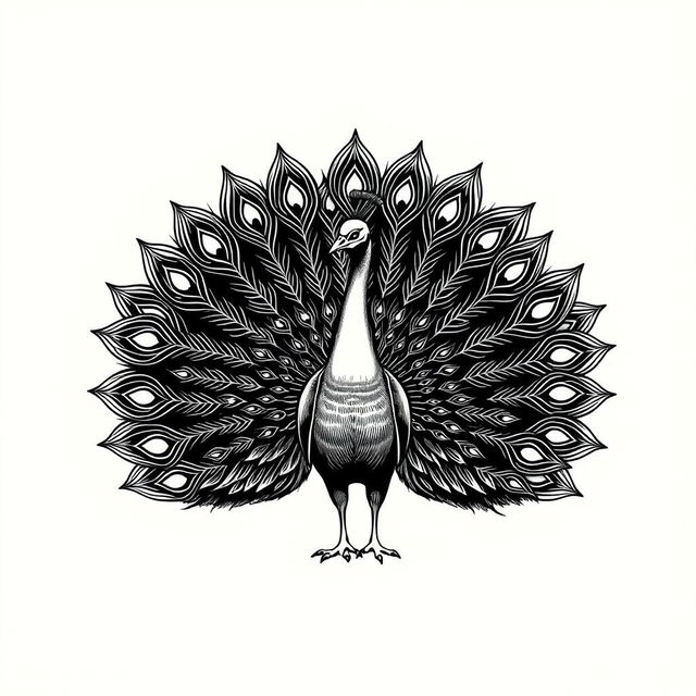 A vintage-style outline illustration of a peacock with its magnificent tail feathers fully spread