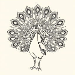 A vintage-style outline illustration of a peacock with its magnificent tail feathers fully spread
