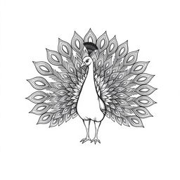 A vintage-style outline illustration of a peacock with its magnificent tail feathers fully spread