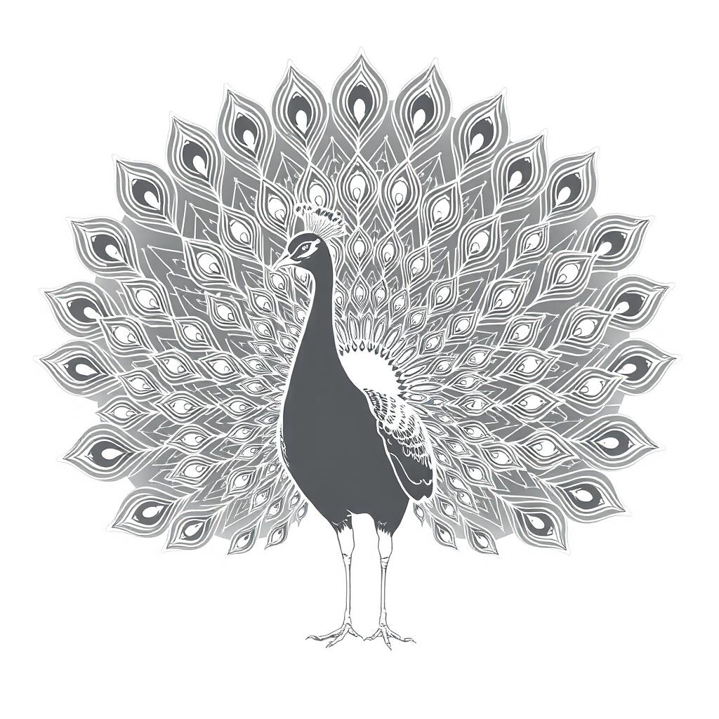 A vintage-style outline illustration of a peacock with its magnificent tail feathers fully spread