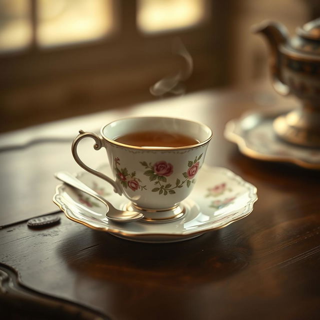 A vintage-style cup of tea resting on an ornate saucer, with delicate floral patterns reminiscent of fine china
