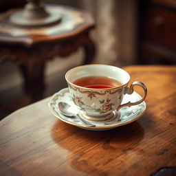 A vintage-style cup of tea resting on an ornate saucer, with delicate floral patterns reminiscent of fine china