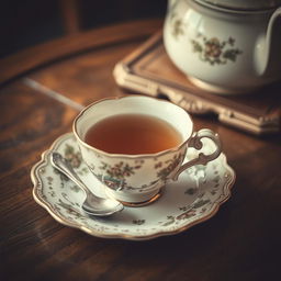 A vintage-style cup of tea resting on an ornate saucer, with delicate floral patterns reminiscent of fine china