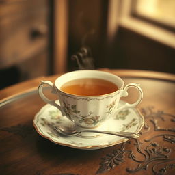 A vintage-style cup of tea resting on an ornate saucer, with delicate floral patterns reminiscent of fine china
