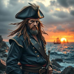 A fierce pirate warrior standing proudly on a rocky shoreline, slightly turning his head to look a bit to the left
