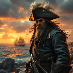 A fierce pirate warrior standing proudly on a rocky shoreline, slightly turning his head to look a bit to the left